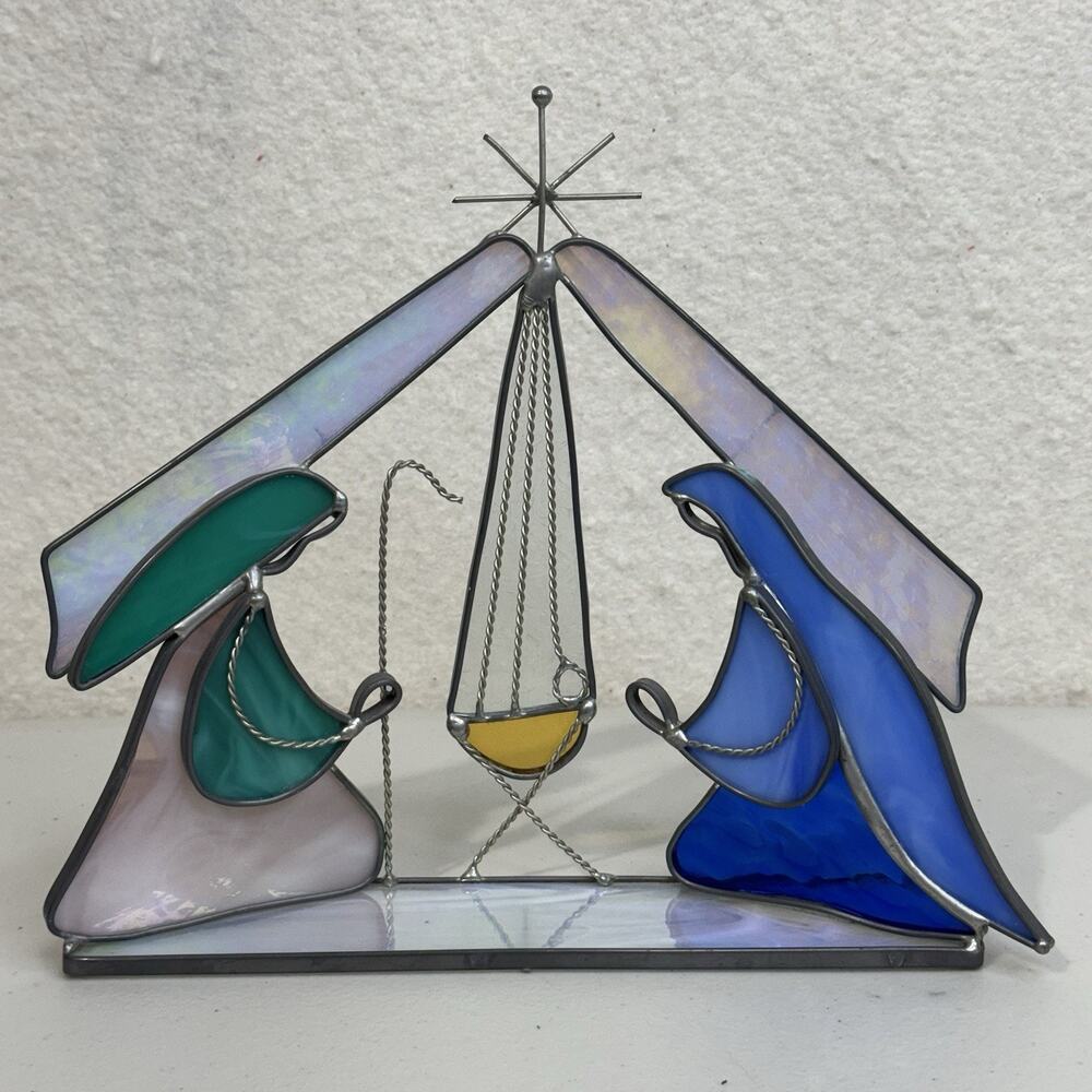 VTG Stained Leaded Glass Christmas Nativity Scene Creche Modern Abstract Art